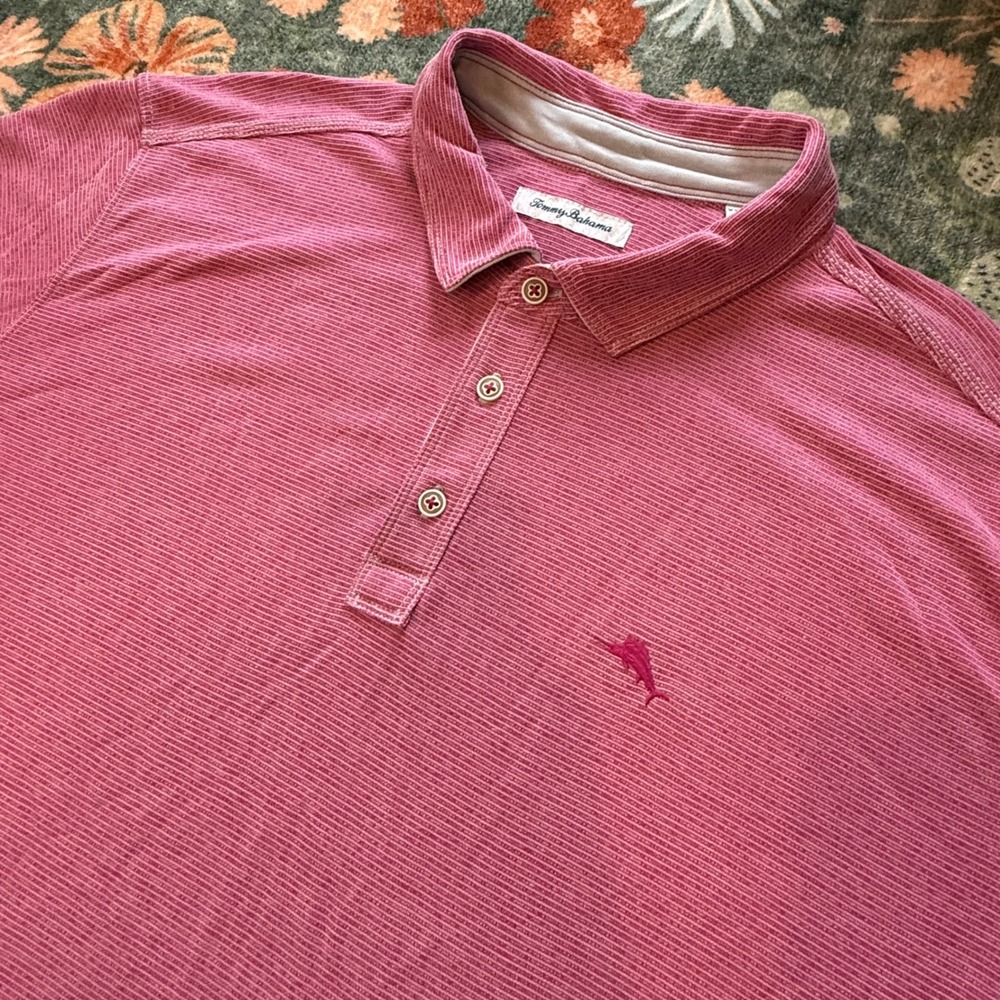 Tommy Bahama Mens XXL Pink Striped Tencel Modal Blend Short Sleeve Polo Shirt